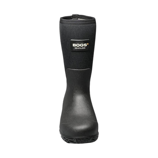 Black waterproof work boot with a tall rubber shaft and textured outsole