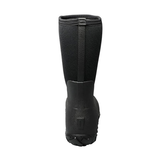 Black tall rubber work boot with textured shaft and treaded sole, shown from the back