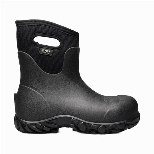 Black pull-on work boot with a textured outsole and side carry handle cutout