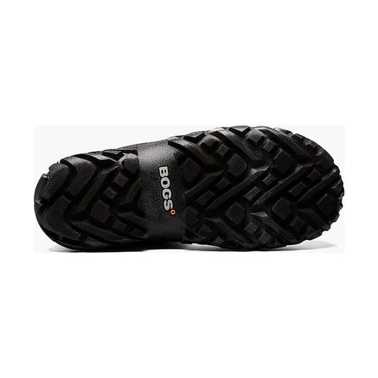 Black rugged boot outsole with deep lug tread and BOGS branding