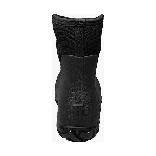 Black pull-on work boot shown from the back, with textured upper and rugged tread sole