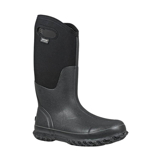 Black knee-high rubber boot with a pull handle and thick treaded sole
