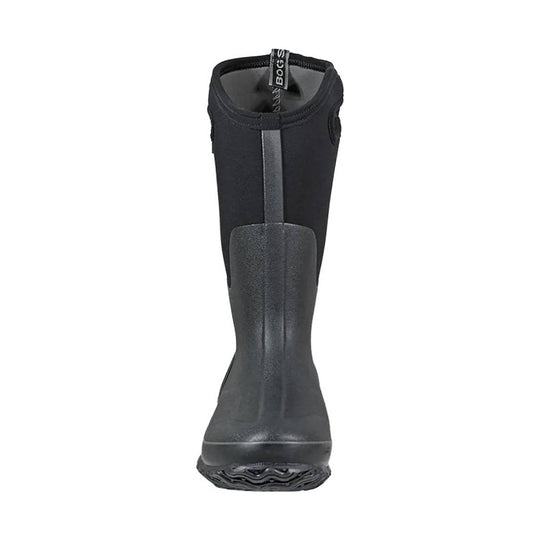 Black tall rain boot with a front pull tab and thick treaded sole, shown from the front