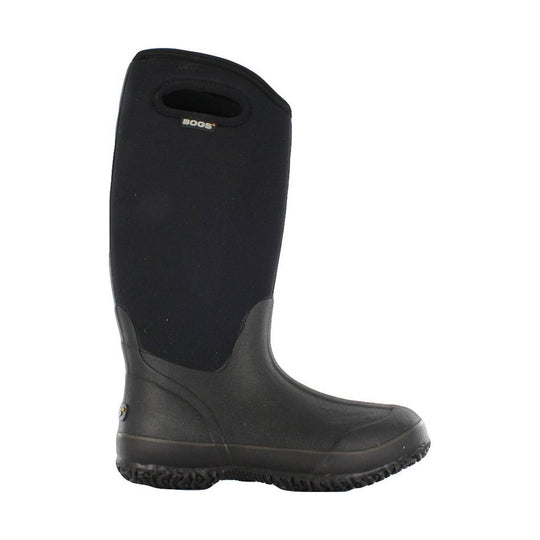 Black tall rain boot with a pull handle and rugged tread sole