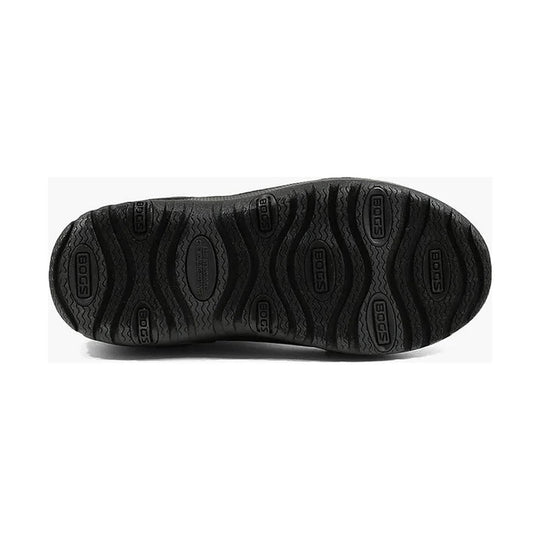 Black boot outsole with BOGS logos and deep tread pattern