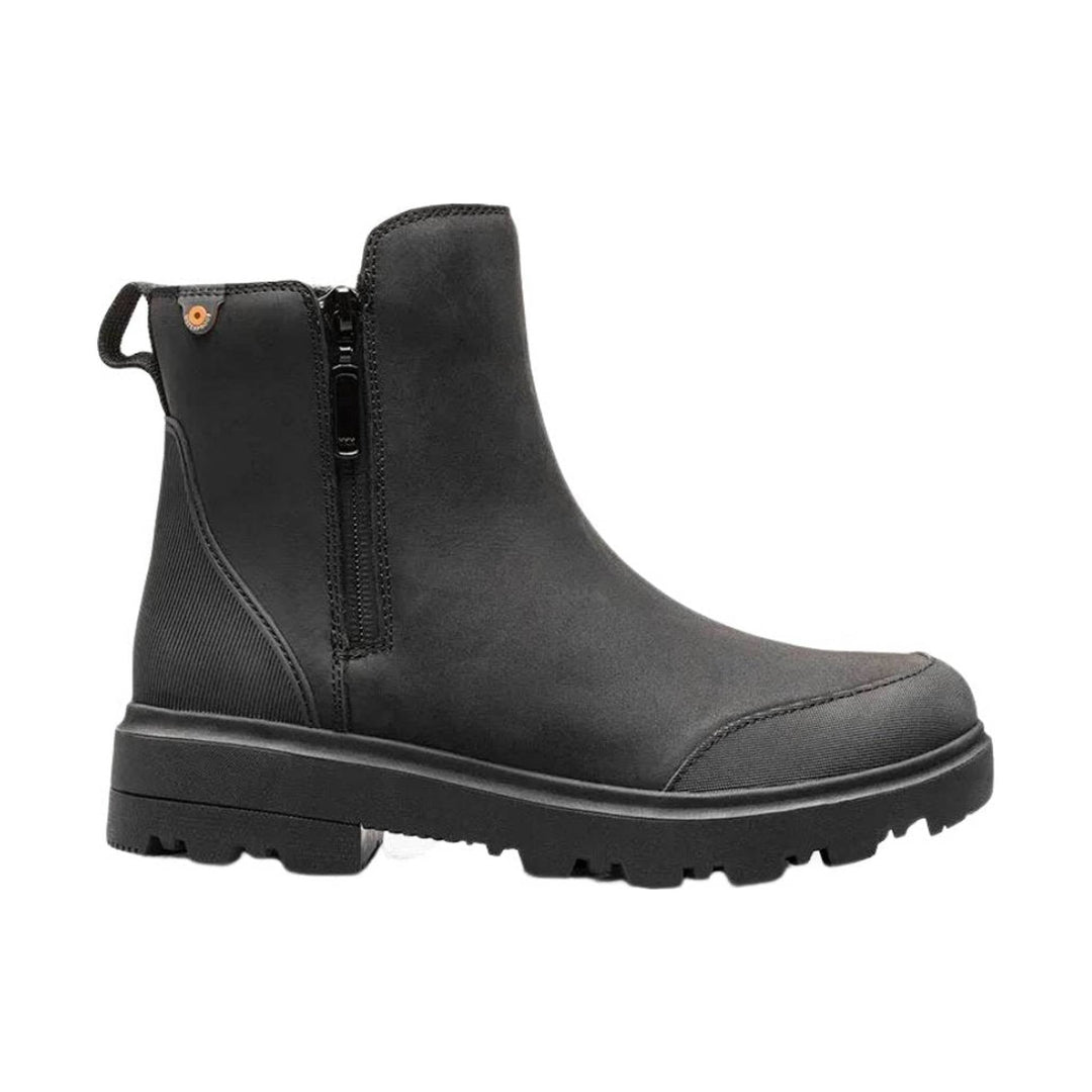 Black ankle rain boot with side zipper, pull tab, and lugged sole