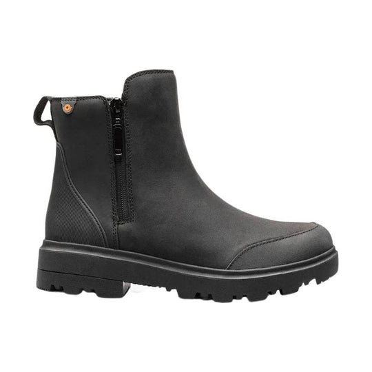 Black ankle rain boot with side zipper, pull tab, and lugged sole
