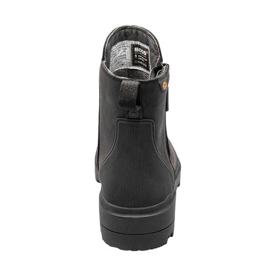 Black ankle-height rain boot with zipper pull and ribbed elastic back panel