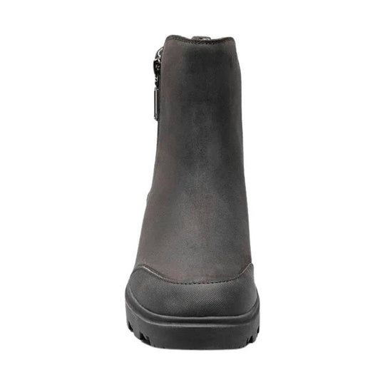 Black ankle rain boot with side zipper and chunky lug sole, rear view