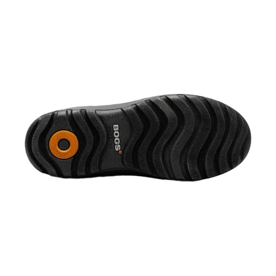 Black treaded boot sole with orange circular heel insert and BOGS logo