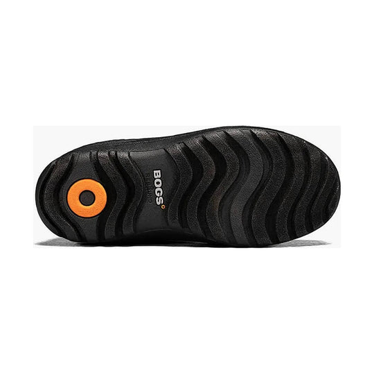 Black rubber boot sole with deep wavy tread and orange circular logo detail