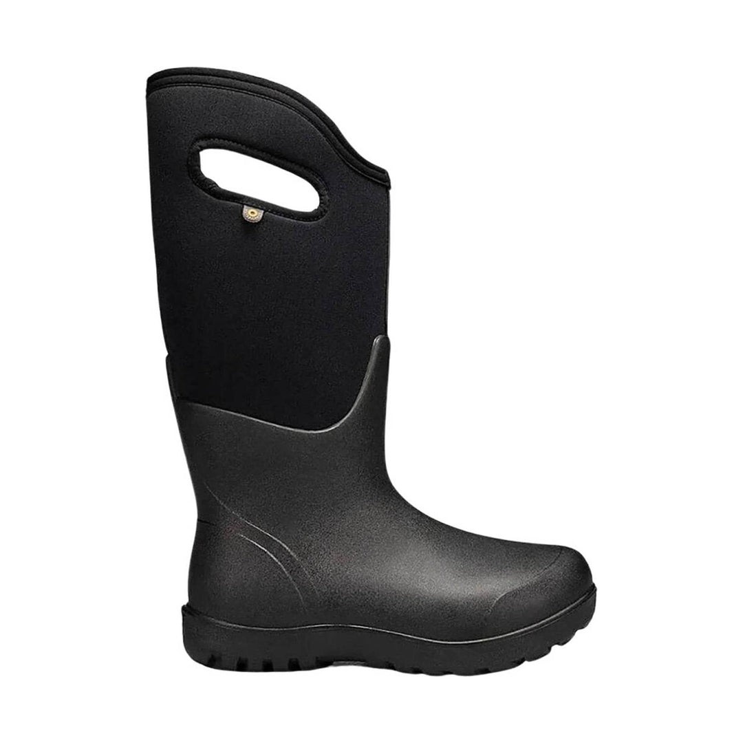 Black tall rubber rain boot with a side carry handle and lugged sole