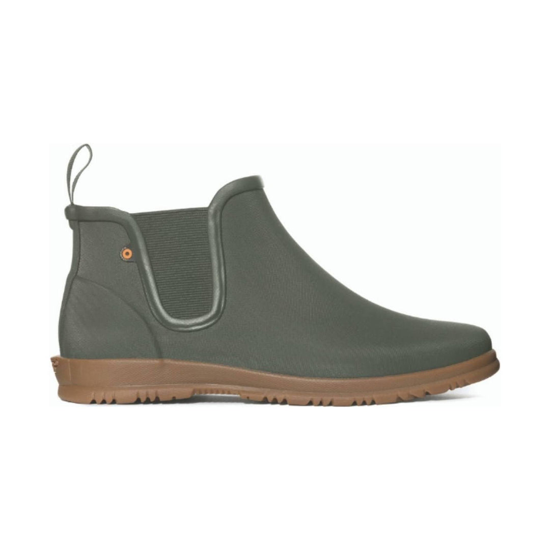 Dark gray ankle rain boot with tan sole and pull loop