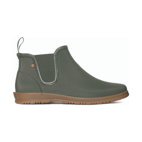 Dark gray ankle rain boot with tan sole and pull loop
