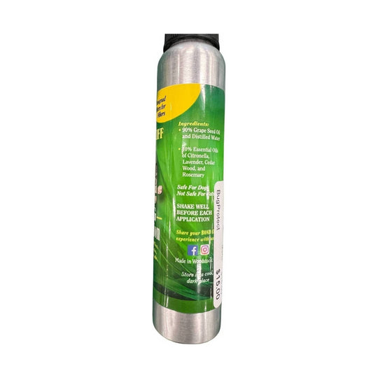 Silver spray bottle with green label, visible text includes 'BugProtect' and 'Shake well before each application'.