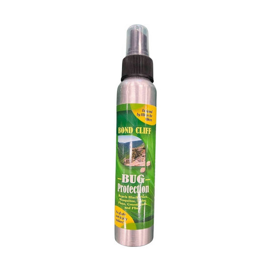 Silver spray bottle labeled Bug Protection with green and yellow packaging