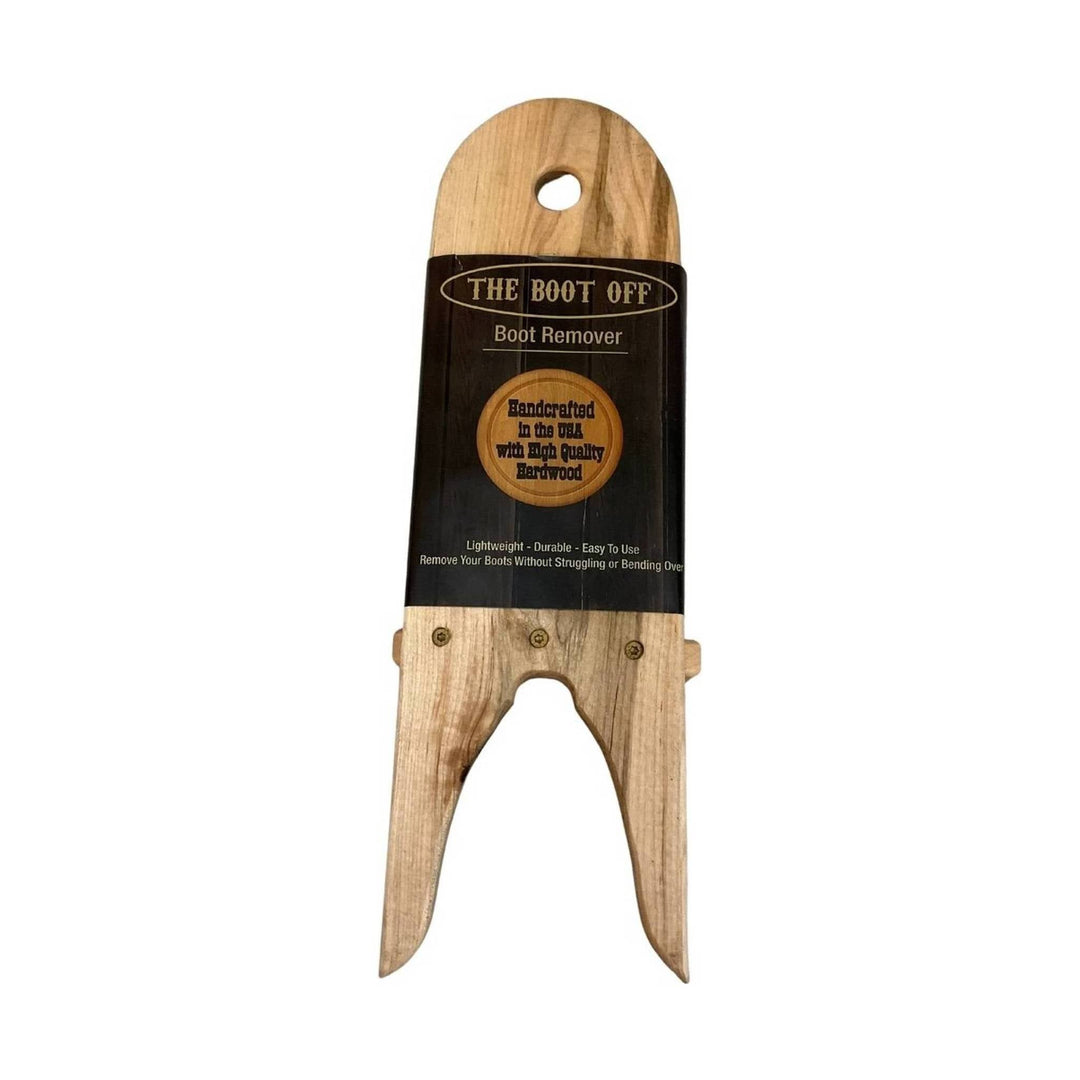 Wooden boot remover with black label and cutout handle, labeled "The Boot Off".
