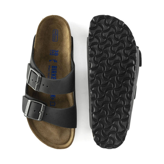 Black two-strap sandal with buckles, shown top and sole views
