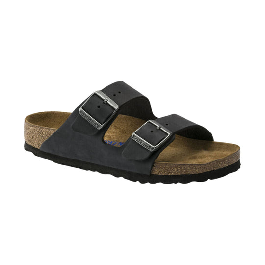 Black two-strap cork footbed sandal with metal buckles
