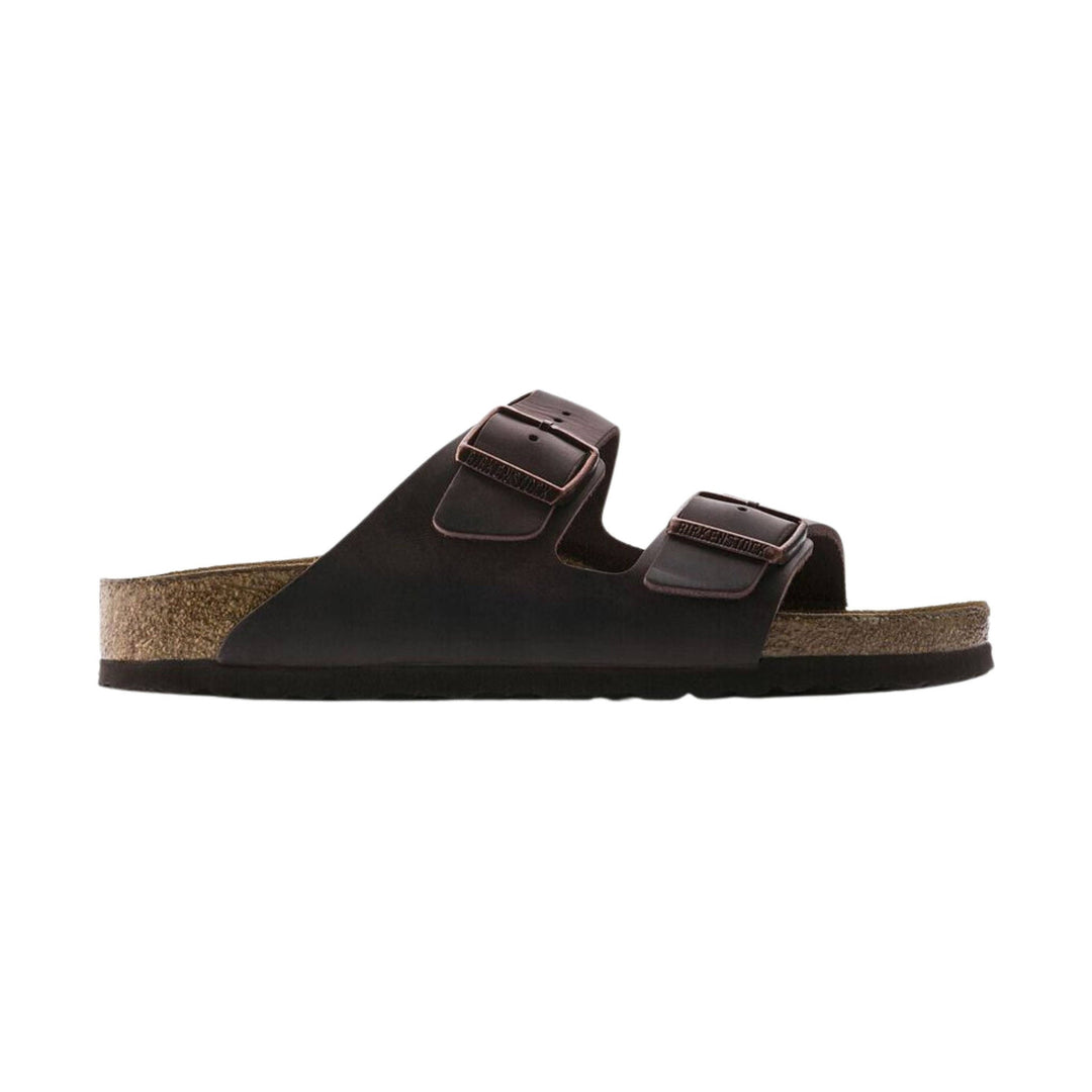 Dark brown two-strap sandal with contoured cork footbed and black sole, side view