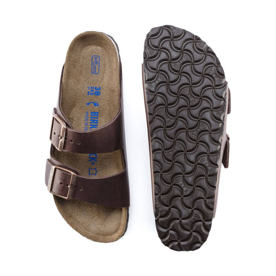 Brown two-strap footbed sandal shown top and outsole views