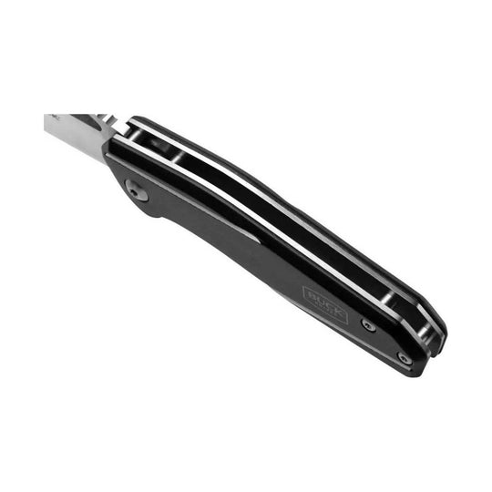 Black folding knife handle with silver liner and Buck Knives logo