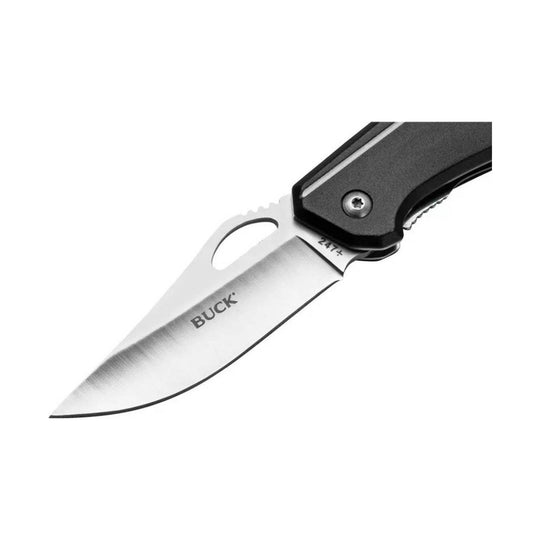 Folded black pocket knife with silver blade and visible BUCK marking