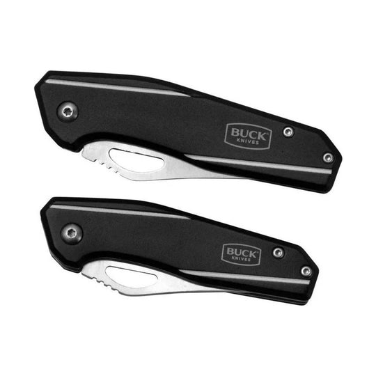 Two black folding knives with silver blades and BUCK KNIVES logos