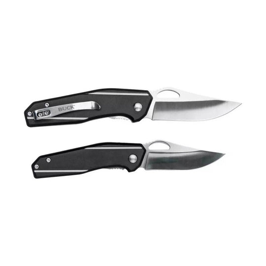 Two folding pocket knives with black handles and silver blades, one marked BUCK