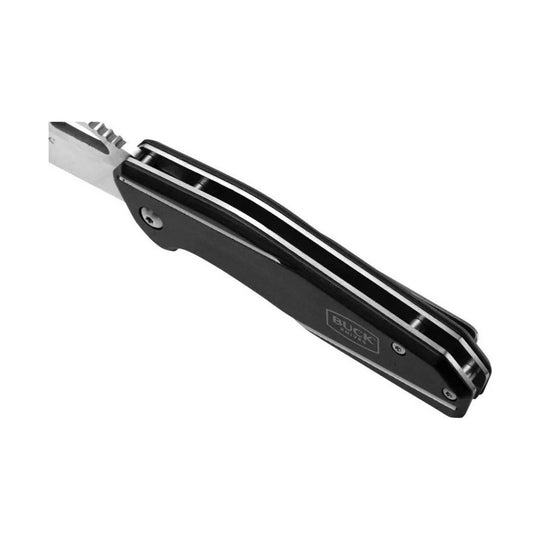Black folding knife with a metal blade and Buck Knives logo on the handle