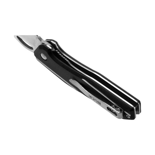 Closed black folding pocket knife with silver handle accents and Buck marking