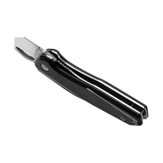 Black folding pocket knife with stainless steel blade, shown open on a white background.