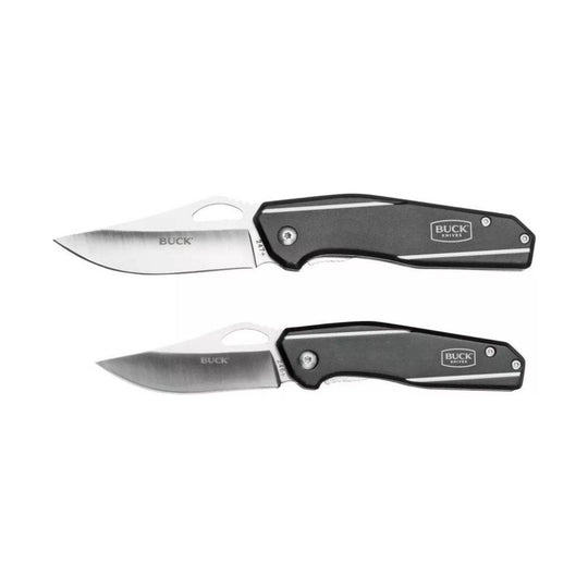 Two black folding knives with silver blades, BUCK logos, and oval thumb holes
