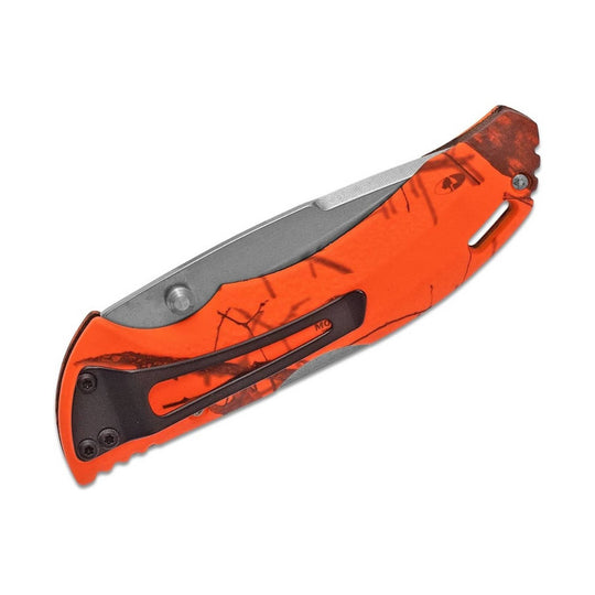Orange and black folding knife with camo-pattern handle, silver blade, and pocket clip