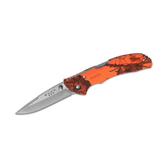 Folding pocket knife with an orange and brown camo handle and silver blade