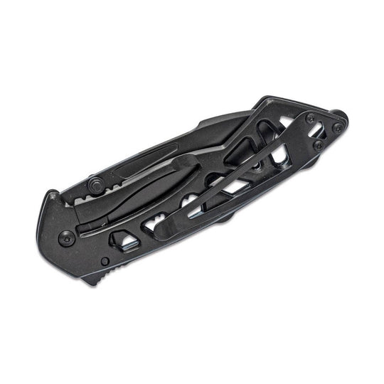 Black folding pocket knife with a metal pocket clip and cutout handle