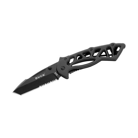 Black folding knife with partially serrated blade and skeletonized handle