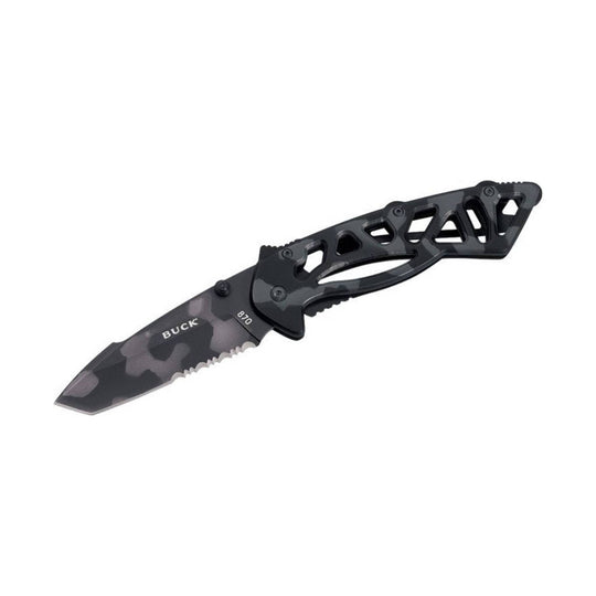 Black folding pocket knife with a camouflage blade and skeletonized handle