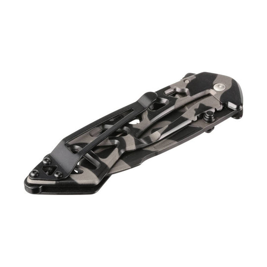 Black folding pocket knife with cutout handle and camo-patterned metal body