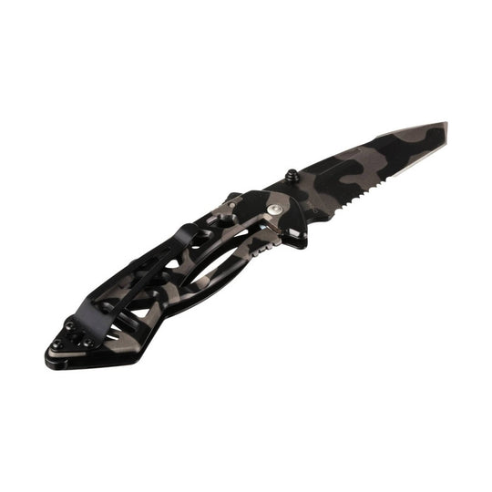 Black folding knife with tiger camouflage blade, partially open