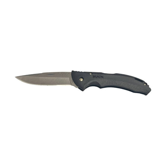 Black folding pocket knife with a gray blade, shown open
