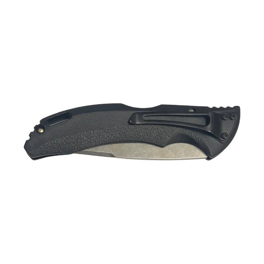 Black folding pocket knife with partially open silver blade