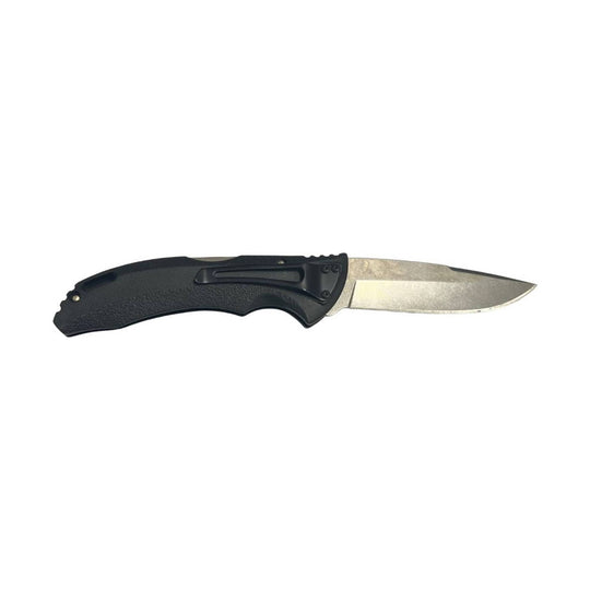 Black folding pocket knife with textured handle and silver blade shown open on a white background