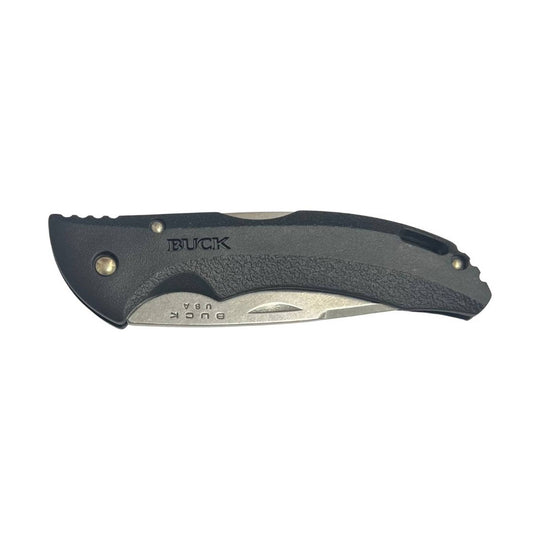 Black folding pocket knife with a textured handle and silver blade