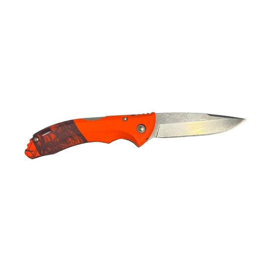 Folding knife with orange handle, brown camo accent, and silver blade