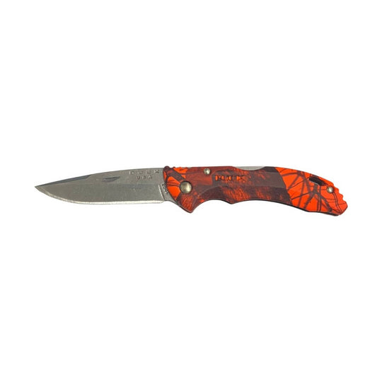 Folding pocket knife with silver blade and orange camo handle