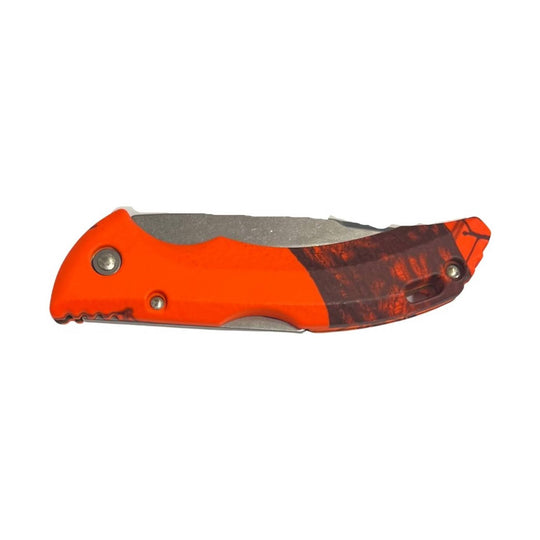 Orange folding pocket knife with dark camo accent on the handle