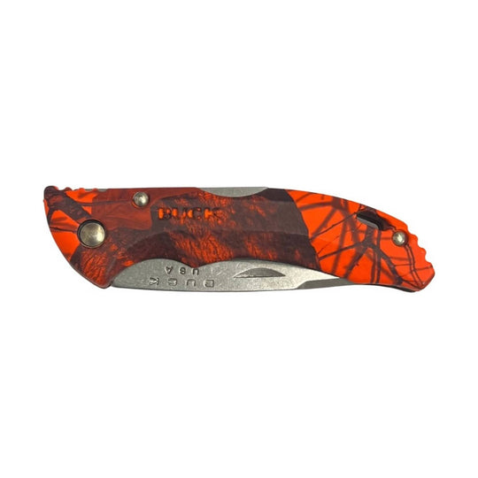 Folded pocket knife with orange and camouflage handle and exposed metal blade