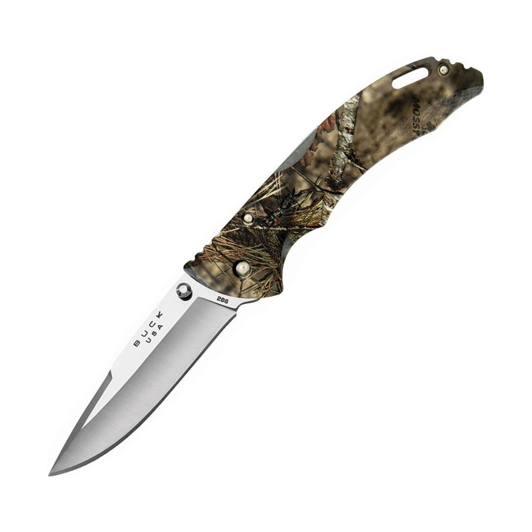 Camouflage folding pocket knife with a silver blade and black hardware