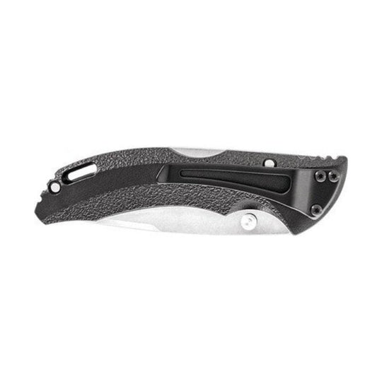Closed black folding knife with textured handle and silver blade edge